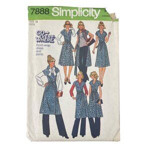 Misses Simplicity 7888 Sewing Pattern Size 10 Front Wrap Dress and Pant 1977 CUT